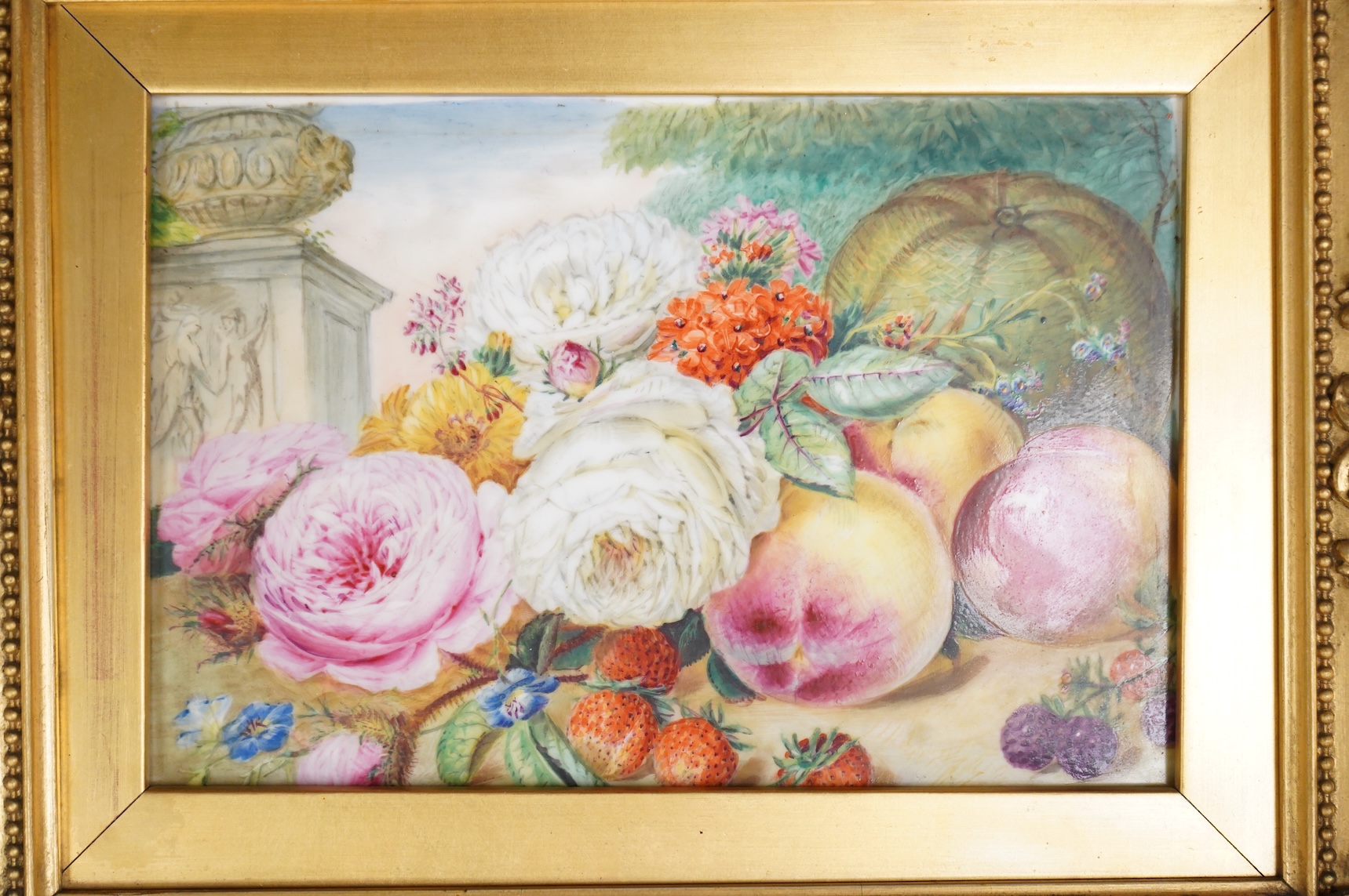 Two 19th century English porcelain flower or fruit painted plaques, each framed, largest overall 25 x 30cm